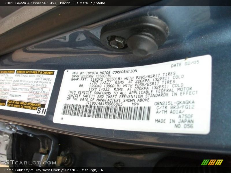 Pacific Blue Metallic / Stone 2005 Toyota 4Runner SR5 4x4