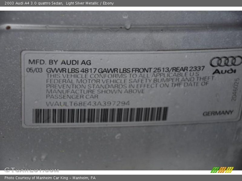Light Silver Metallic / Ebony 2003 Audi A4 3.0 quattro Sedan