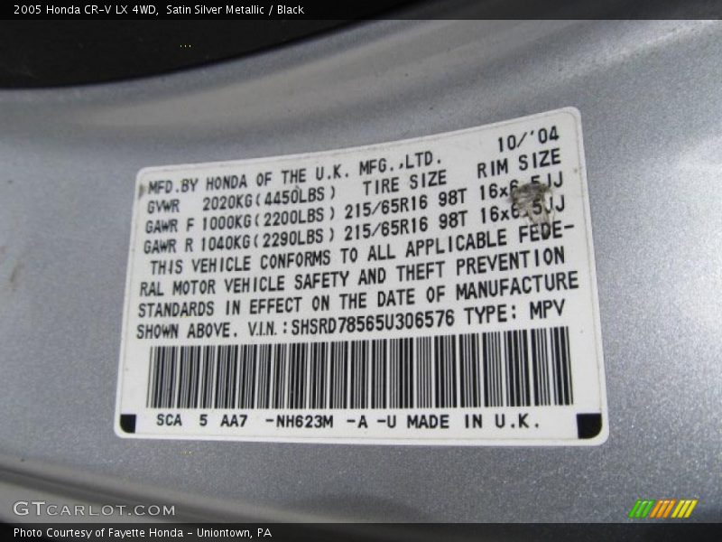 2005 CR-V LX 4WD Satin Silver Metallic Color Code NH623M