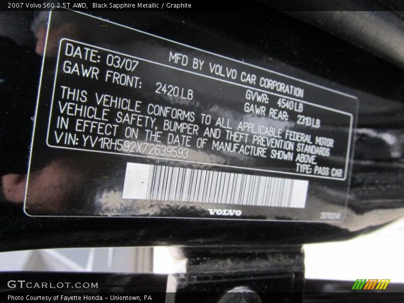 Info Tag of 2007 S60 2.5T AWD