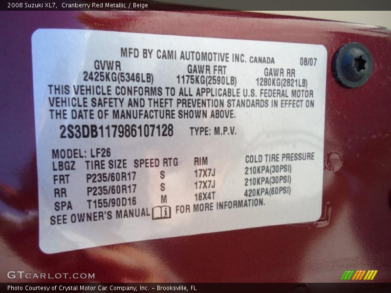 Cranberry Red Metallic / Beige 2008 Suzuki XL7