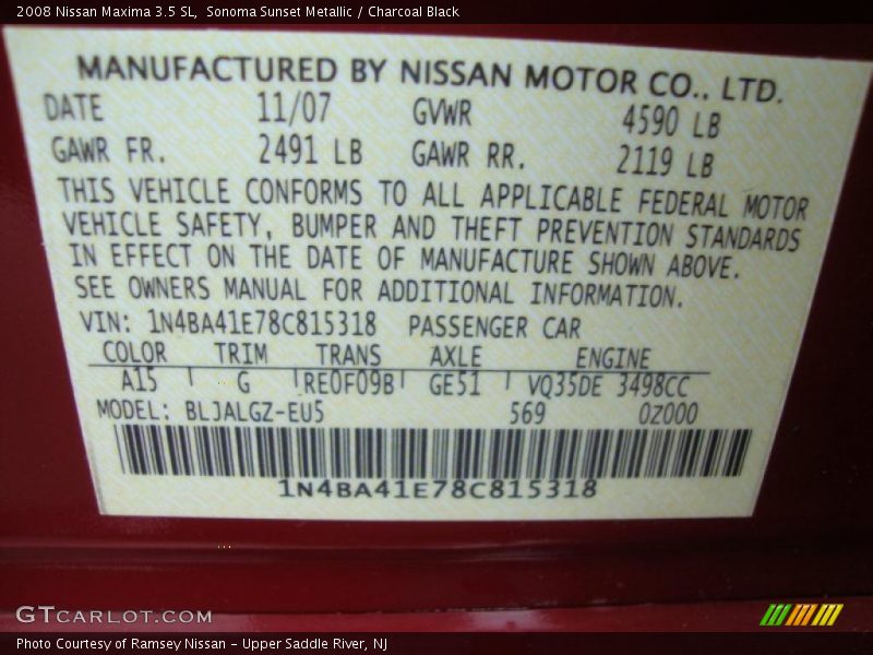 Sonoma Sunset Metallic / Charcoal Black 2008 Nissan Maxima 3.5 SL