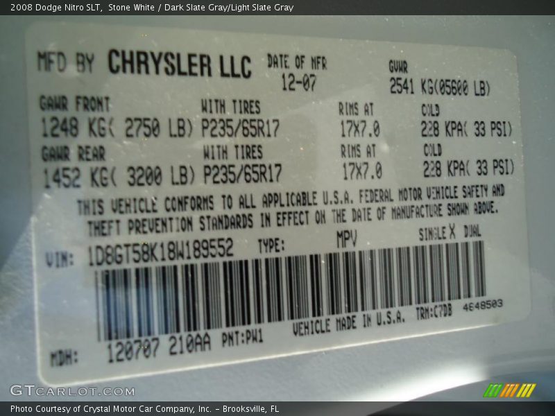 Stone White / Dark Slate Gray/Light Slate Gray 2008 Dodge Nitro SLT