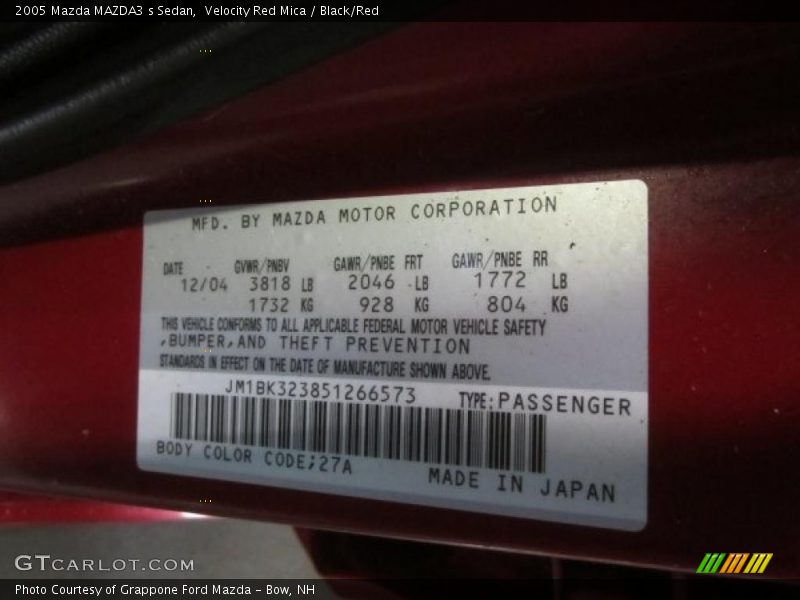 Velocity Red Mica / Black/Red 2005 Mazda MAZDA3 s Sedan