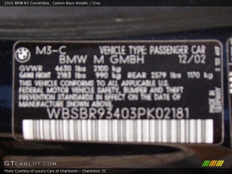 Carbon Black Metallic / Grey 2003 BMW M3 Convertible