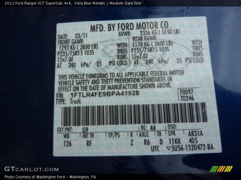 Vista Blue Metallic / Medium Dark Flint 2011 Ford Ranger XLT SuperCab 4x4