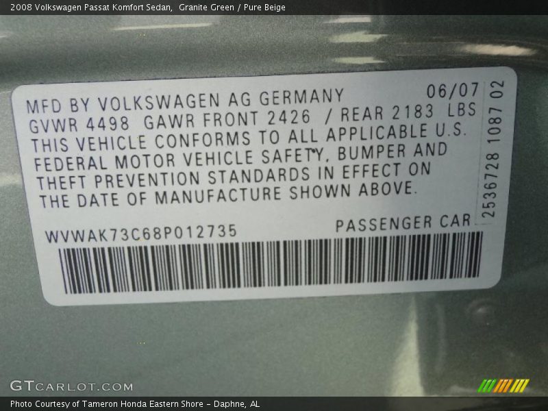Granite Green / Pure Beige 2008 Volkswagen Passat Komfort Sedan