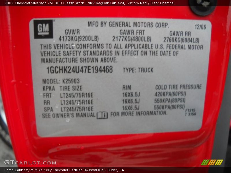 Info Tag of 2007 Silverado 2500HD Classic Work Truck Regular Cab 4x4
