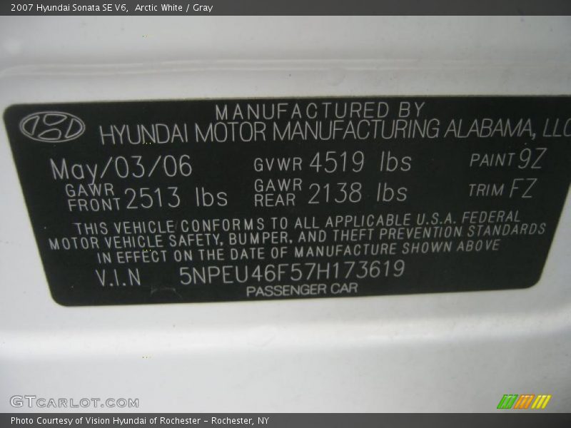 Arctic White / Gray 2007 Hyundai Sonata SE V6