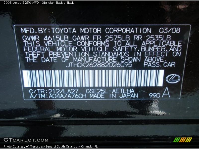 Obsidian Black / Black 2008 Lexus IS 250 AWD