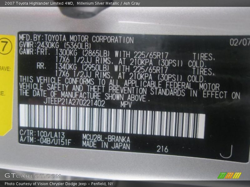 Millenium Silver Metallic / Ash Gray 2007 Toyota Highlander Limited 4WD