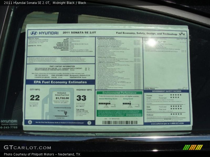  2011 Sonata SE 2.0T Window Sticker