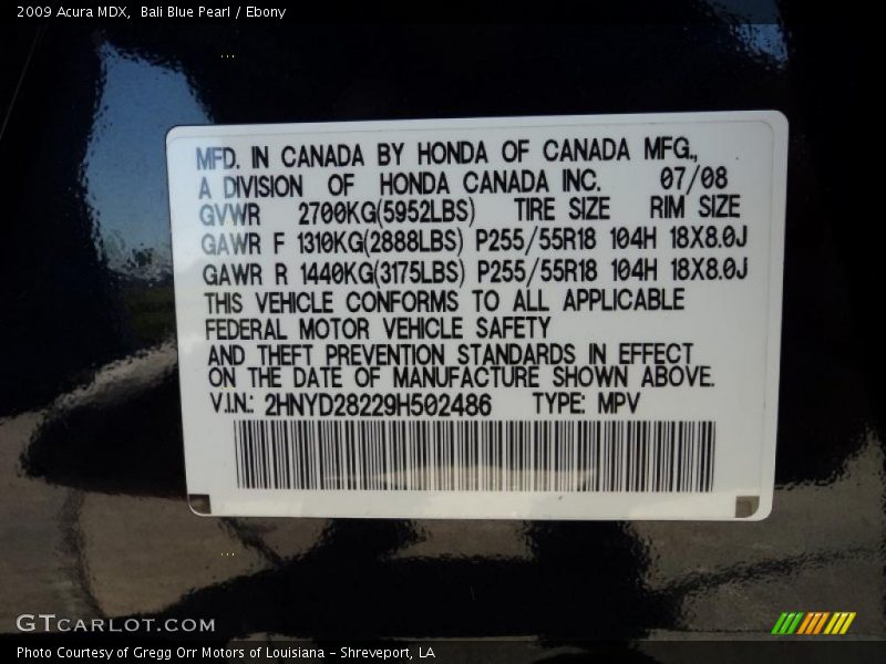 Bali Blue Pearl / Ebony 2009 Acura MDX