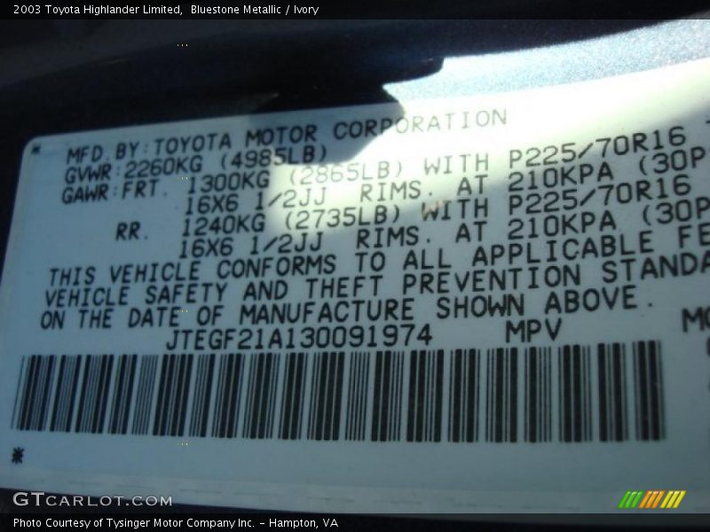 Bluestone Metallic / Ivory 2003 Toyota Highlander Limited