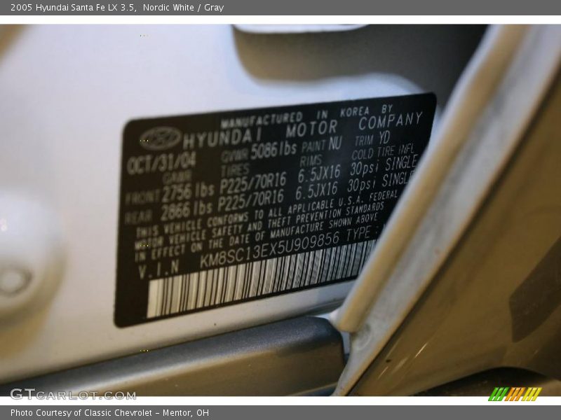 Nordic White / Gray 2005 Hyundai Santa Fe LX 3.5