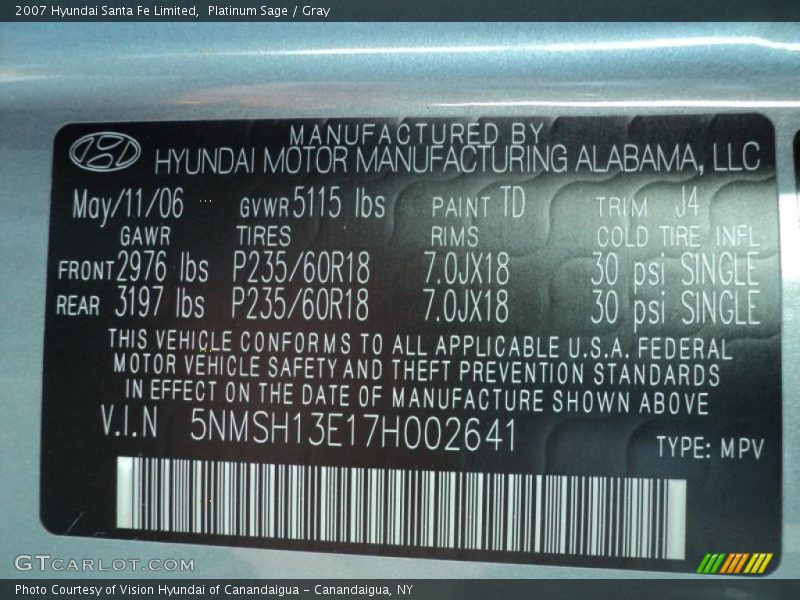 Platinum Sage / Gray 2007 Hyundai Santa Fe Limited