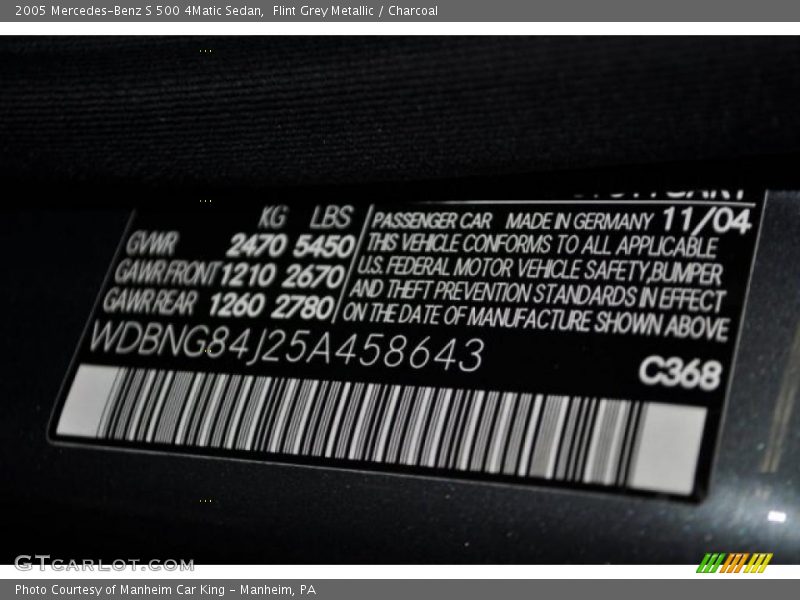 2005 S 500 4Matic Sedan Flint Grey Metallic Color Code 368