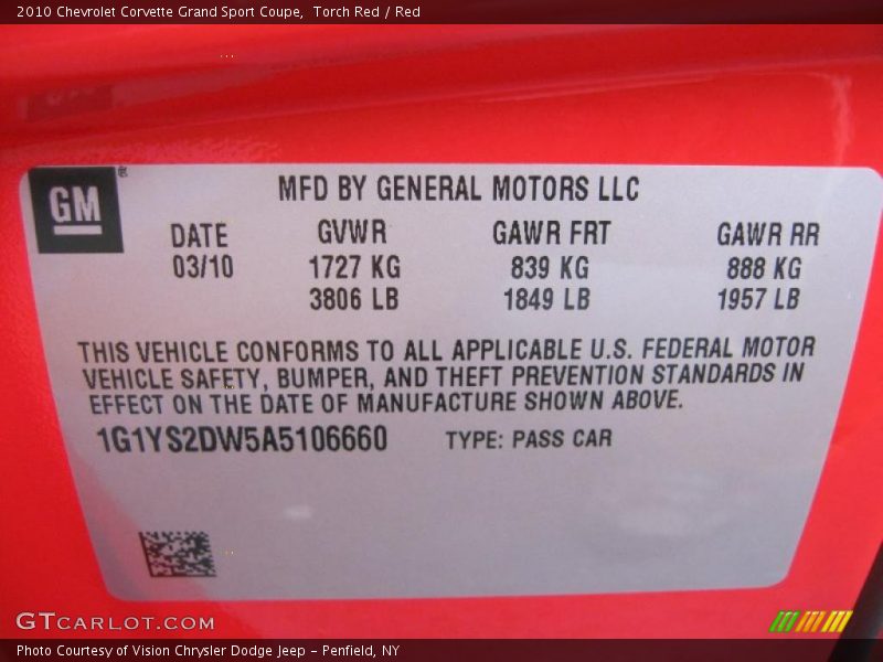 Info Tag of 2010 Corvette Grand Sport Coupe