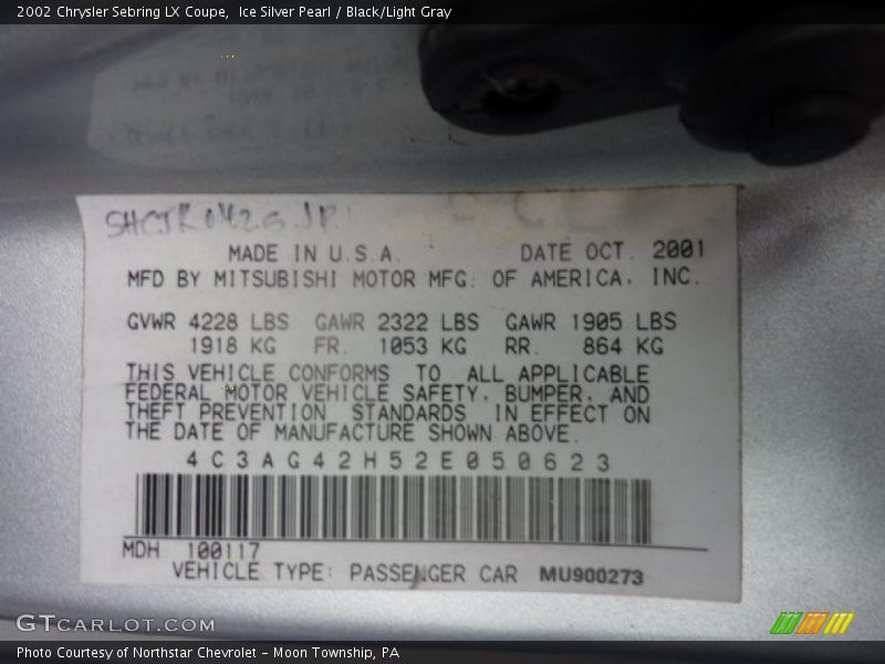 Info Tag of 2002 Sebring LX Coupe