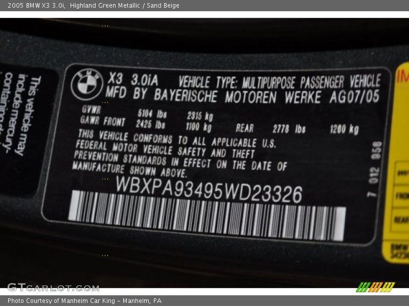 Highland Green Metallic / Sand Beige 2005 BMW X3 3.0i