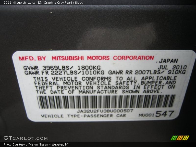 Graphite Gray Pearl / Black 2011 Mitsubishi Lancer ES