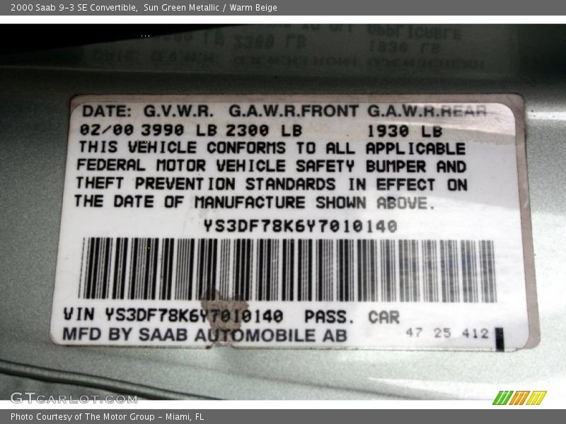 Sun Green Metallic / Warm Beige 2000 Saab 9-3 SE Convertible