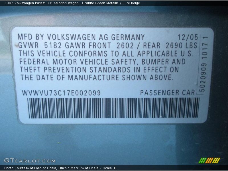 Granite Green Metallic / Pure Beige 2007 Volkswagen Passat 3.6 4Motion Wagon
