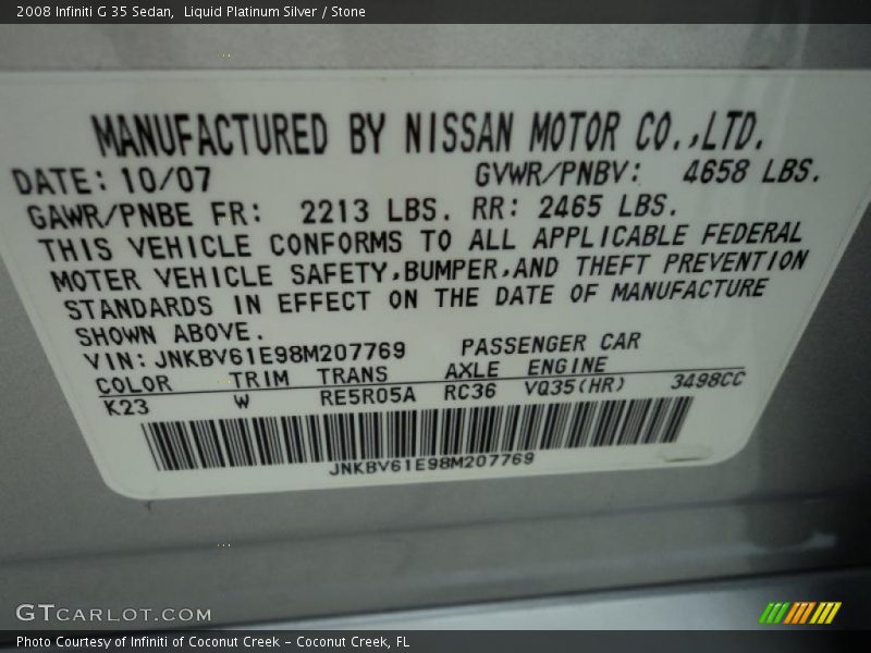 2008 G 35 Sedan Liquid Platinum Silver Color Code K23