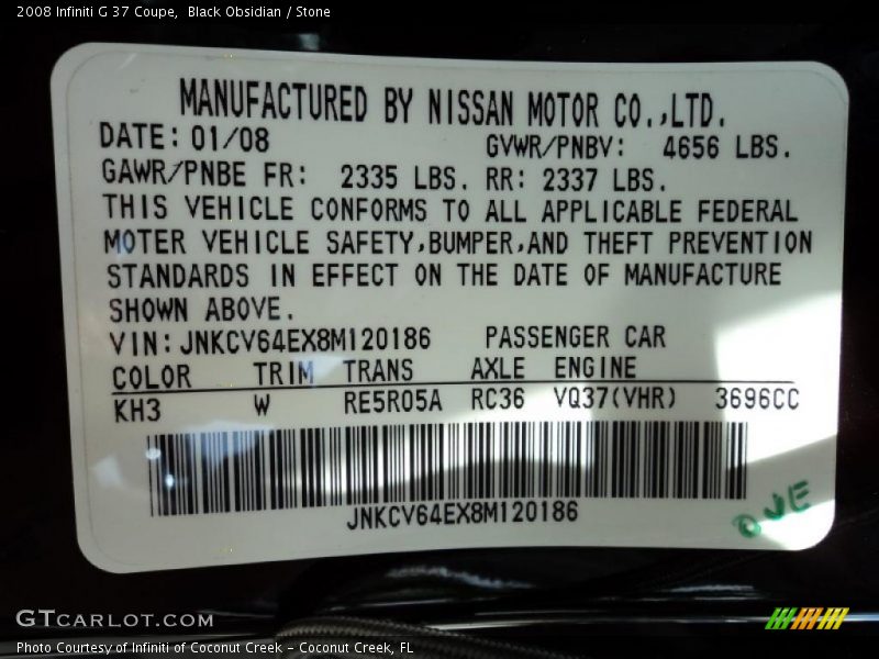 2008 G 37 Coupe Black Obsidian Color Code KH3