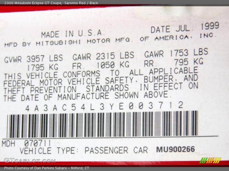 Info Tag of 2000 Eclipse GT Coupe