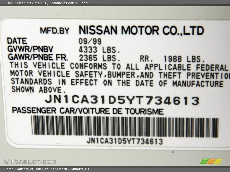 Icelandic Pearl / Blond 2000 Nissan Maxima GLE