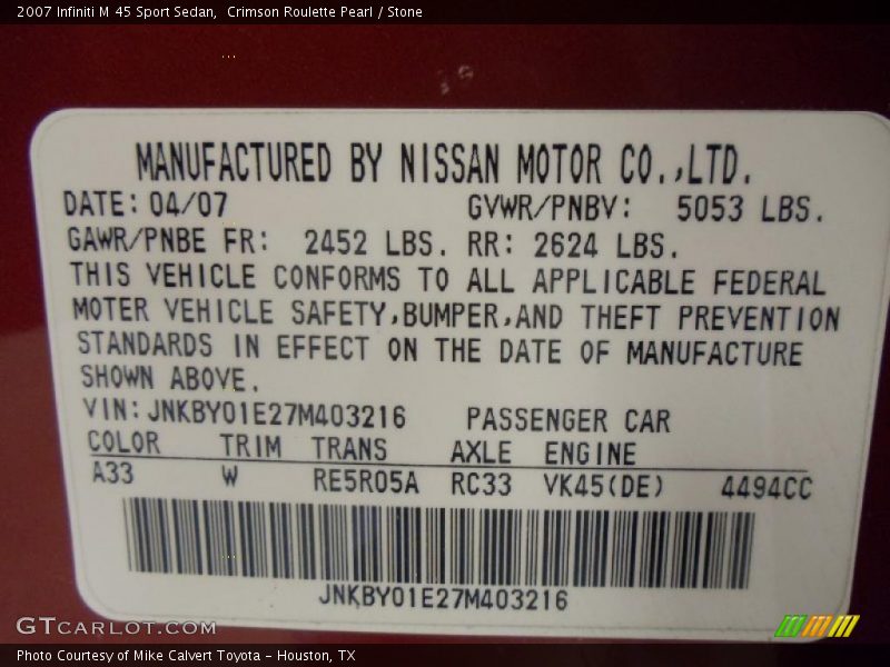 Crimson Roulette Pearl / Stone 2007 Infiniti M 45 Sport Sedan