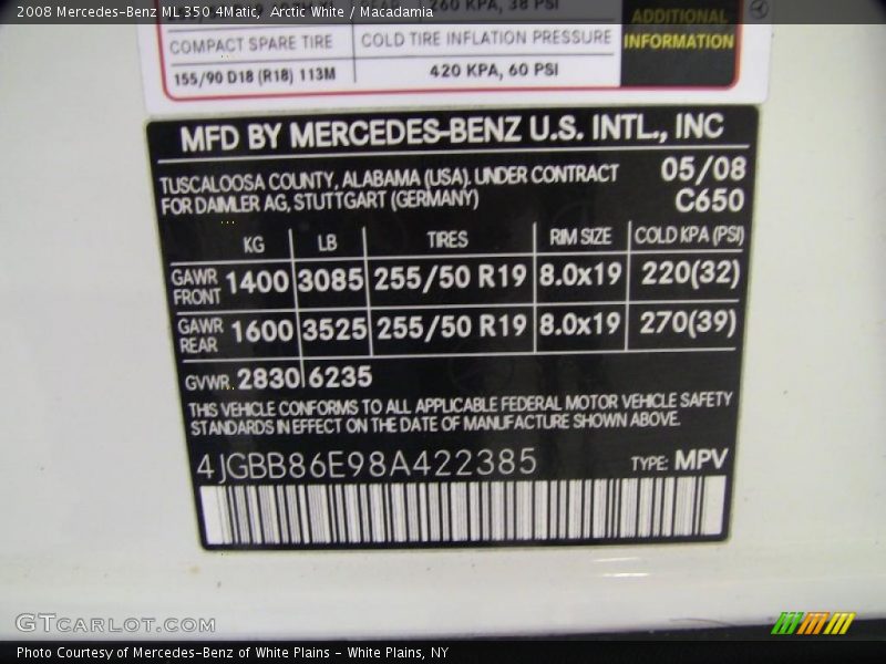 Arctic White / Macadamia 2008 Mercedes-Benz ML 350 4Matic