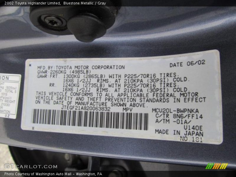 Bluestone Metallic / Gray 2002 Toyota Highlander Limited