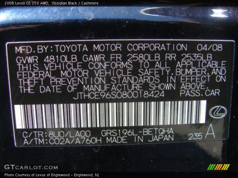 Obsidian Black / Cashmere 2008 Lexus GS 350 AWD