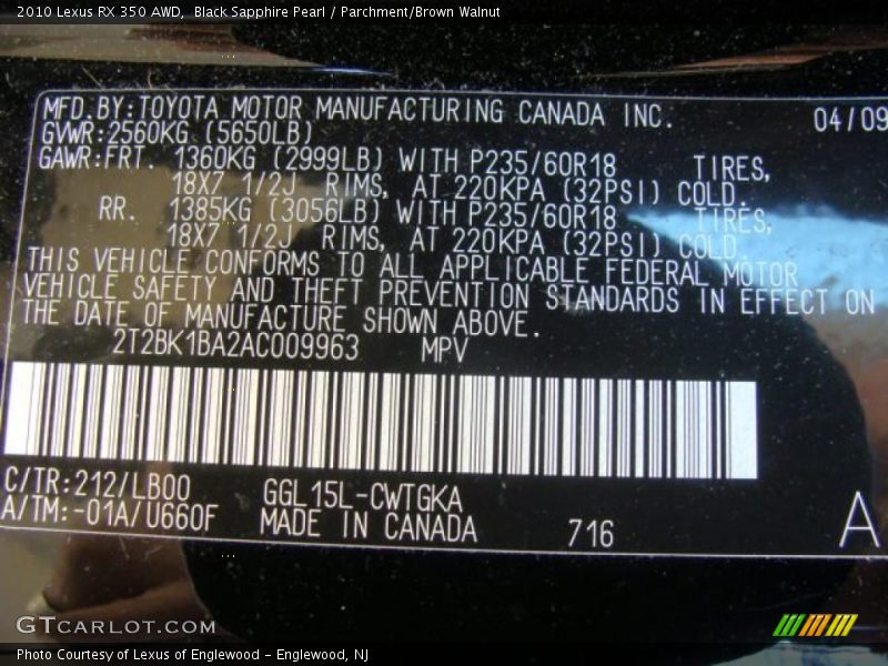 Black Sapphire Pearl / Parchment/Brown Walnut 2010 Lexus RX 350 AWD