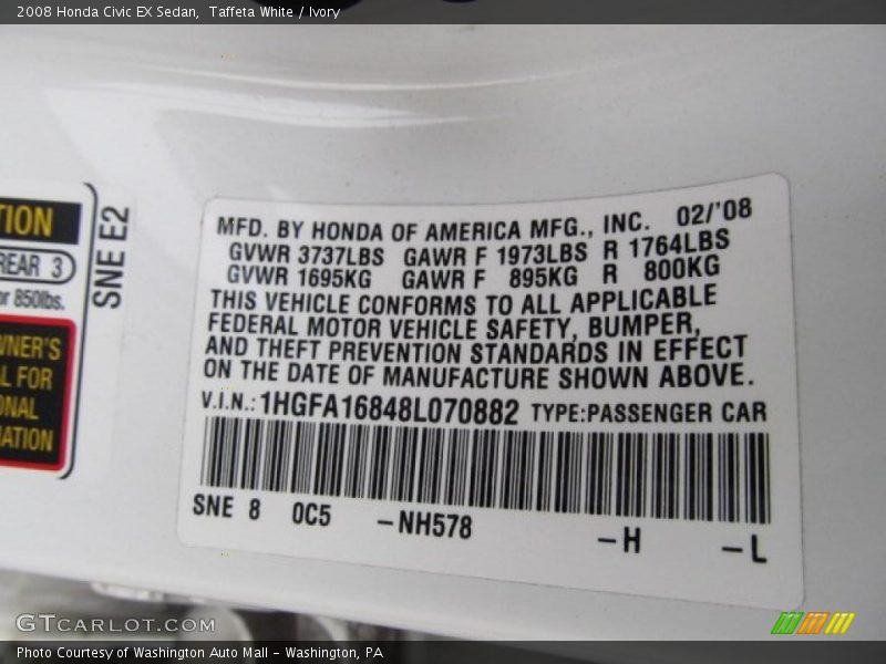 Taffeta White / Ivory 2008 Honda Civic EX Sedan