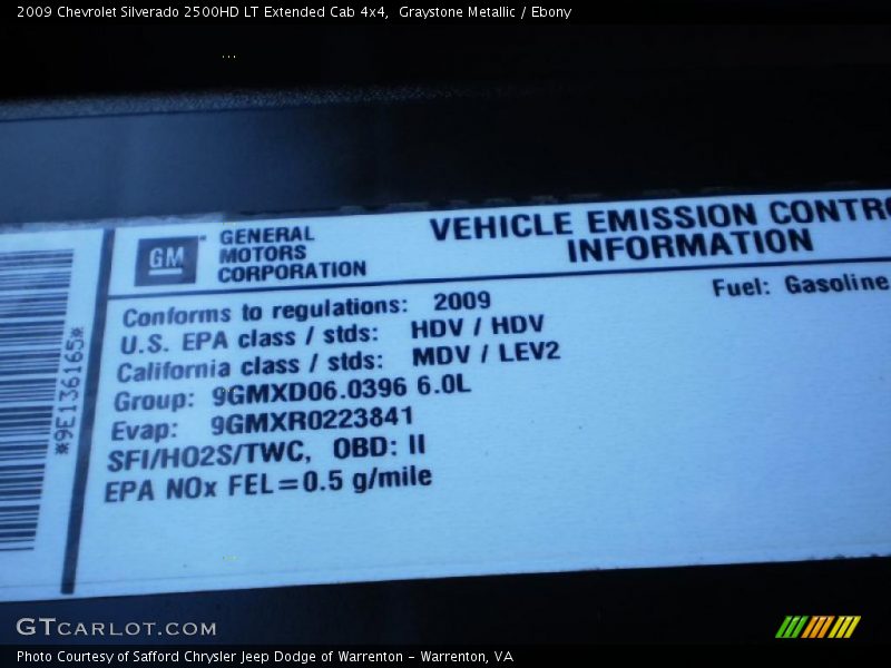 Info Tag of 2009 Silverado 2500HD LT Extended Cab 4x4