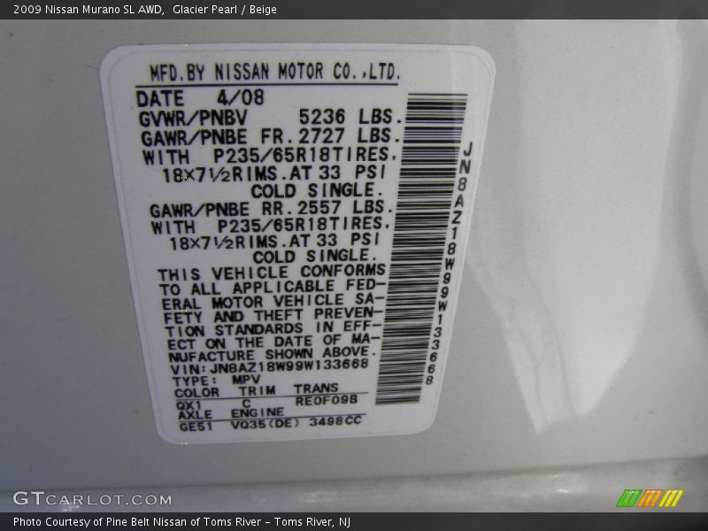 Glacier Pearl / Beige 2009 Nissan Murano SL AWD