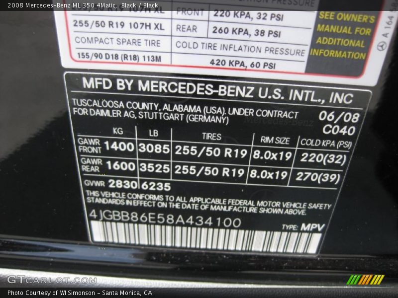 Black / Black 2008 Mercedes-Benz ML 350 4Matic