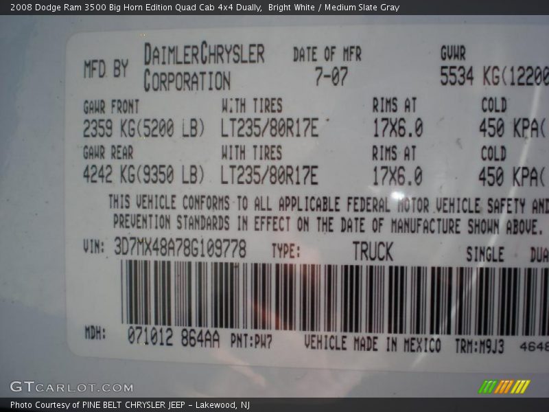 Bright White / Medium Slate Gray 2008 Dodge Ram 3500 Big Horn Edition Quad Cab 4x4 Dually