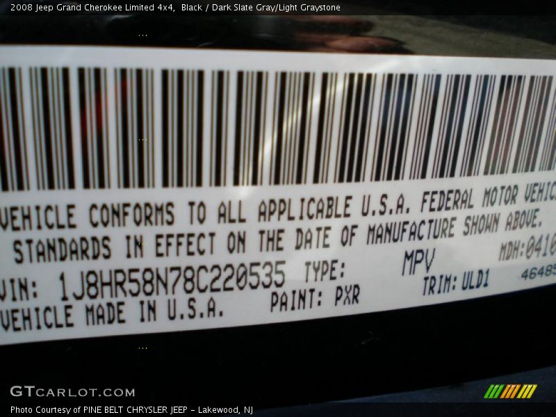 Black / Dark Slate Gray/Light Graystone 2008 Jeep Grand Cherokee Limited 4x4