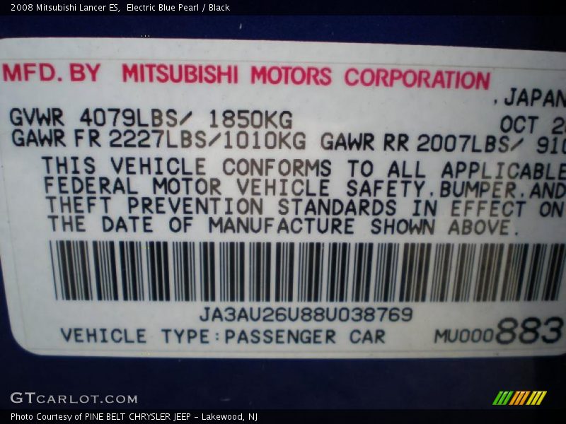 Electric Blue Pearl / Black 2008 Mitsubishi Lancer ES
