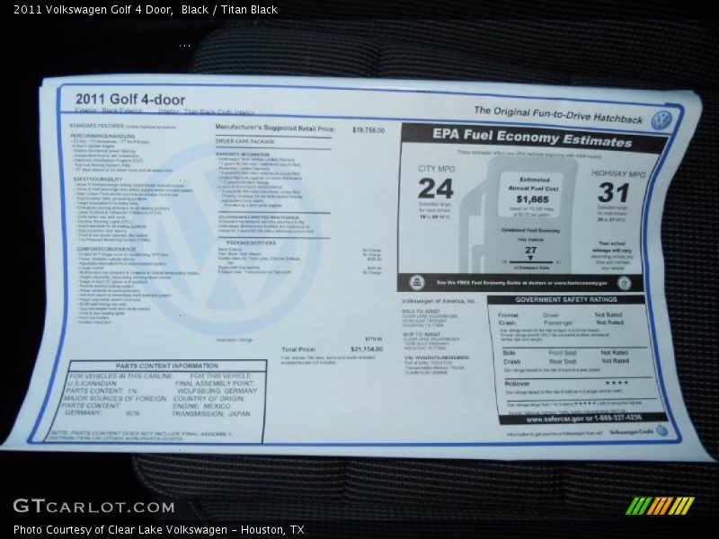  2011 Golf 4 Door Window Sticker