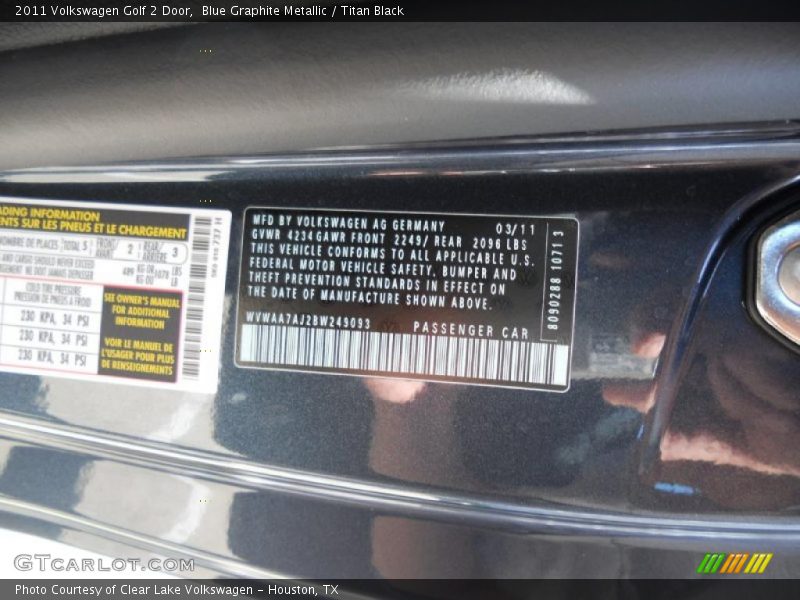 Blue Graphite Metallic / Titan Black 2011 Volkswagen Golf 2 Door