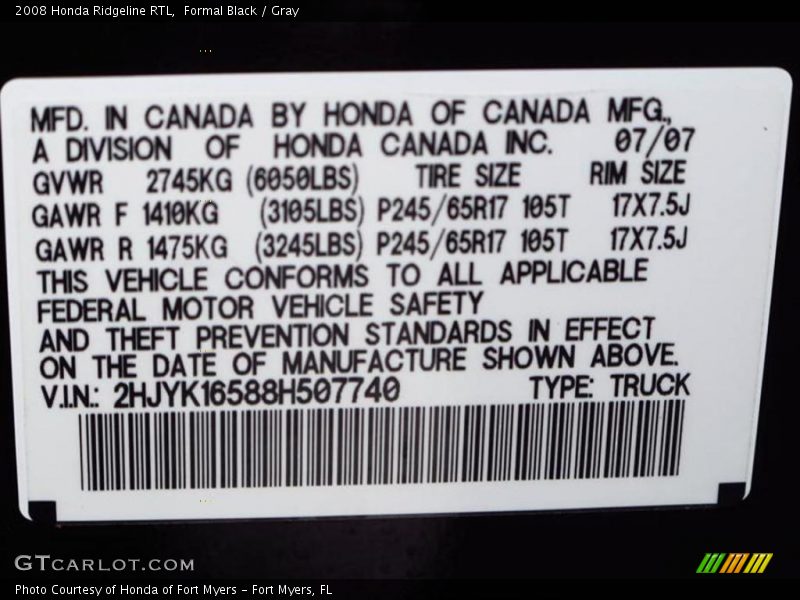 Formal Black / Gray 2008 Honda Ridgeline RTL
