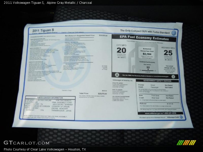  2011 Tiguan S Window Sticker