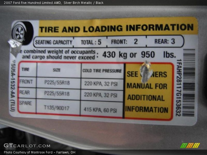 Info Tag of 2007 Five Hundred Limited AWD