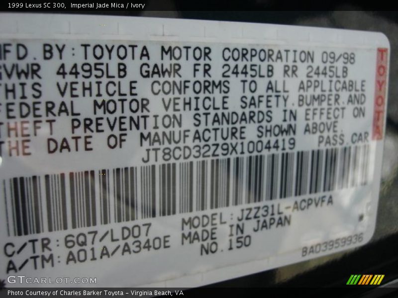 Imperial Jade Mica / Ivory 1999 Lexus SC 300