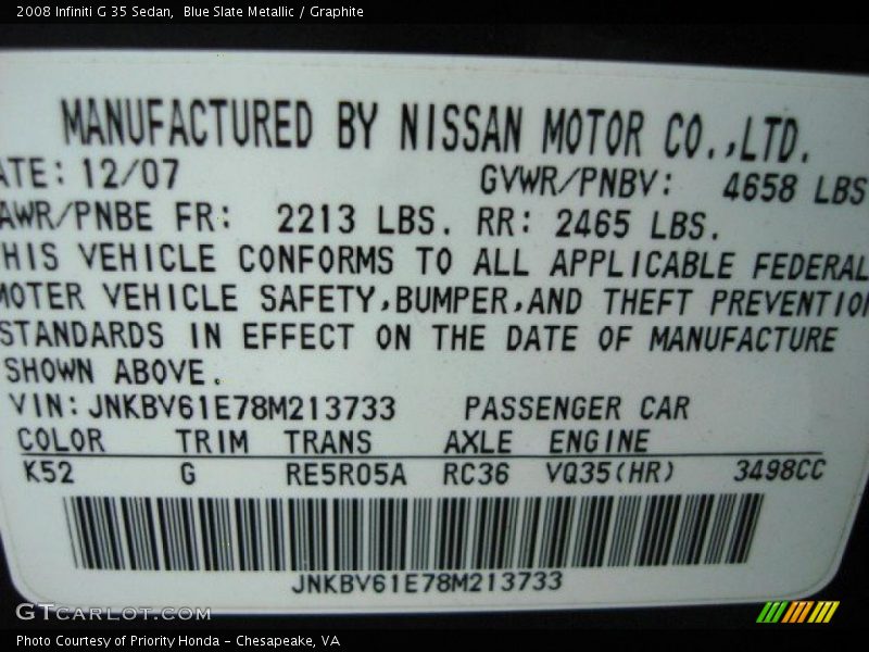 2008 G 35 Sedan Blue Slate Metallic Color Code K52